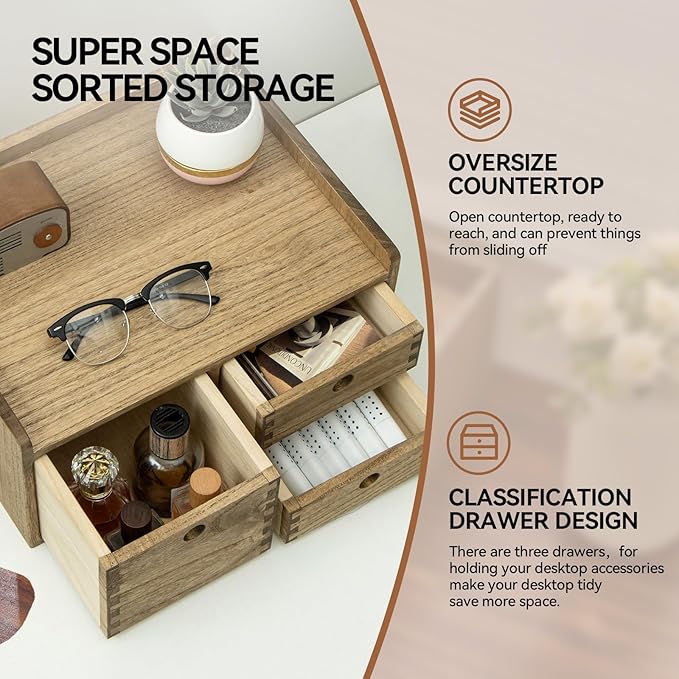 KIRIGEN Desk Organizer with 3 Drawers - Wood Drawer Storage Box with Trays for Tabletop - Workspace Office Toiletries Supplies Tool Caddy - Wooden Storage Cabinet1 Layer Dark Brown(DT1D3C-DBR)