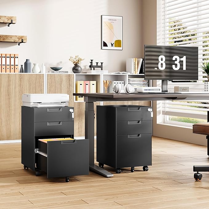 Mobile File Cabinet,3 Drawer Locking Storage Filing Cabinet,Office Metal Storage Cabinet on Wheels for Legal/Letter/A4 File(Fully Assembled,Black)