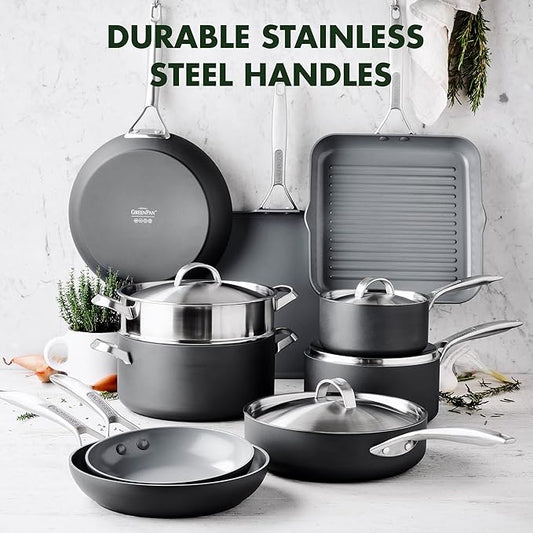 GreenPan Paris Pro Hard Anodized Healthy Ceramic Nonstick, 14 Piece Cookware Pots and Pans Set with Stainless Steel Lids, PFAS-Free, Dishwasher Safe, Grey
