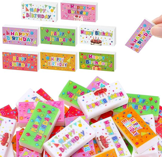 100 Pcs Happy Birthday Erasers Bulk Mini Erasers for Classroom Fun Assortment Birthday Gifts for Back to School Teacher Reward Party Supplies, 8 Styles, 1.6 Inch