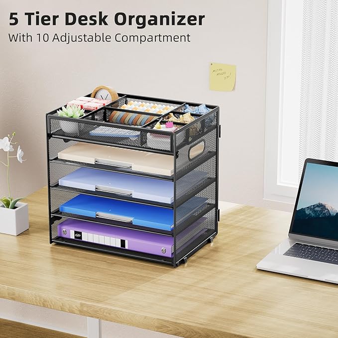 Marbrasse 5-Tier Letter Tray Paper Organizer with Handle, Multi-Functional Mesh File Organizer for Desk, Adjustable Compartments Mesh Desktop Storage for Office Supplies,Black