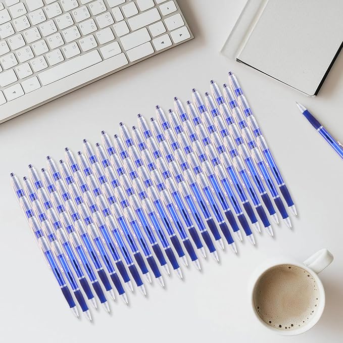 Aozora Retractable Pens Ballpoint Super Smooth Writing Pens Bulk 100 pack Medium Point 1.0mm No Bleed Click Pens with Soft Grip Blue Ink