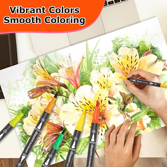 iBayam Dual Brush Marker Pens, 36 Colors Fine Tip Markers, Double Tip Brush Pens for Adult, Coloring Marker for Coloring Book, Cute School Supplies, Arts and Crafts Office Desk Supplies