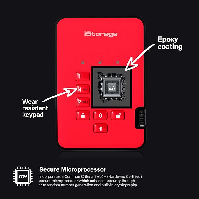 iStorage diskAshur2 HDD 5TB Red | Secure portable hard drive | Password protected | Dust & water resistant | Hardware Encryption
