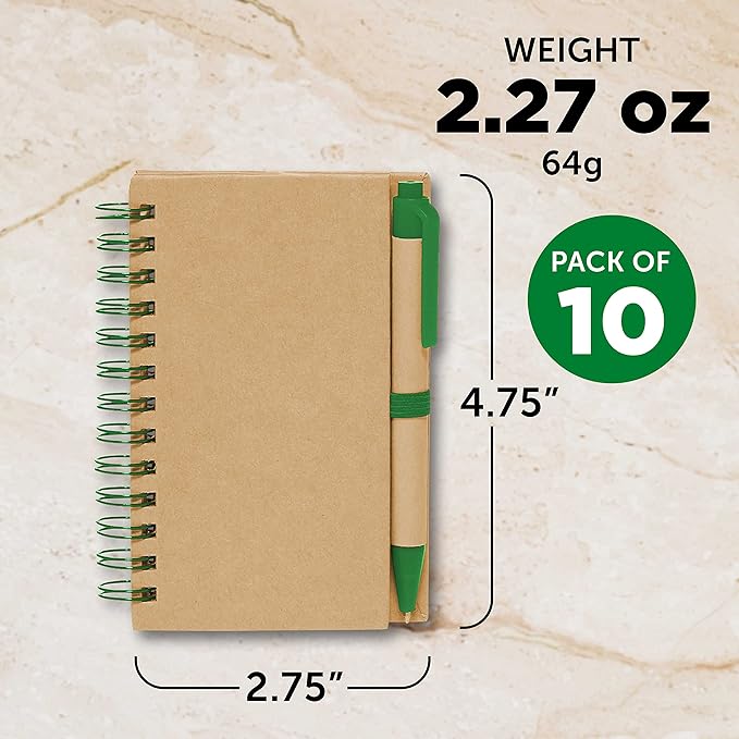 Mini Spiral Notebooks with Black Ink Pens Set of 10, Bulk Pack - Perfect for School, Office, Business, Home - Green