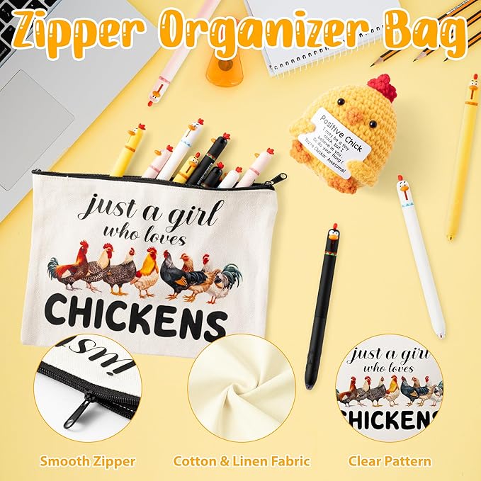 Funny Chicken Gift Accessories - 10Pcs Cute Knitted Chick Stress Relief Stationery Set Lovely Retractable Gel Pens Zipper Organizer Pen Pouch for Kids Birthday Party Gift Student Reward Supply