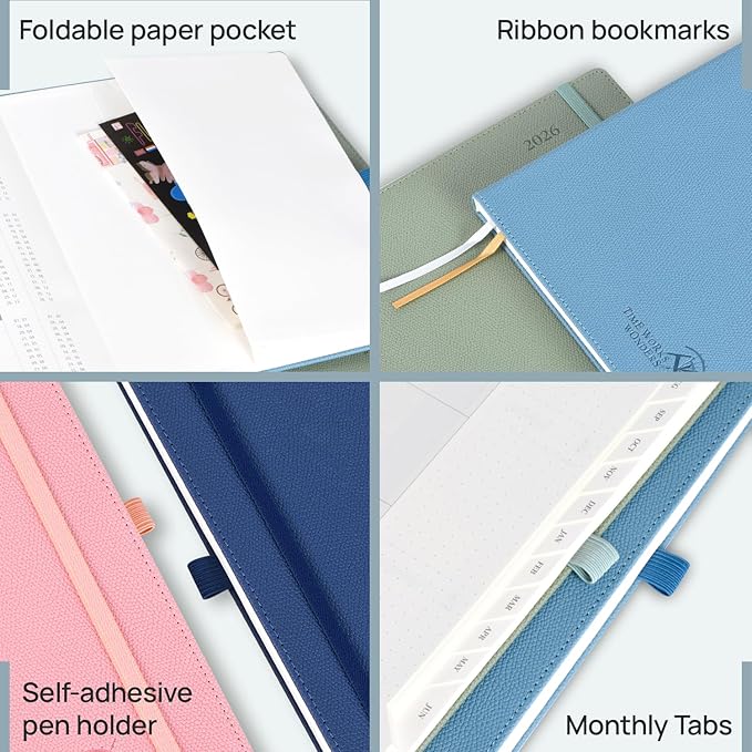 POPRUN Weekly Planner 2026 Calendar (Medium 6.75" x 8.75") 12 Months Notebook with Horizontal Layout, Leather Hardcover, Inner Pocket, 100GSM Thick Paper, Pen Holder - Pacific Green