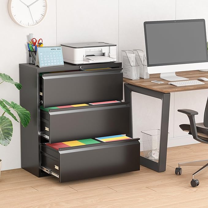 Superday Lateral File Cabinet 3 Drawer Metal File Cabinet with Lock, Black Filing Cabinets for Home Office, Locking Filing Cabinets Hanging Files Letter/Legal/F4/A4