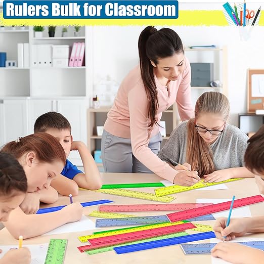 12 Inch Plastic Rulers, 32 PCS Transparent Assorted Color Metric Bulk Rulers with Inches Centimeters Millimeter. Measuring Drawing Tool for Kids, Ideal Back to School Office Home Supplies