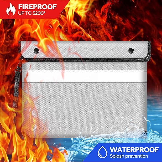 Fire Proof Bag For Documents,5200°F Heat Insulated Fire Proof Pouch with Soft Leather Hand Strap,13.9x10.6 Inch Fireproof Money Bag for Cash/Documents/Valuables(Silvery)