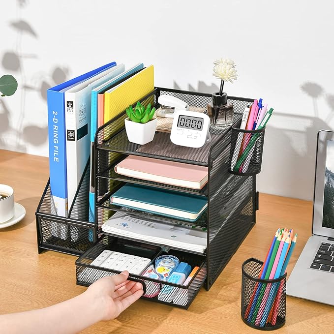 Marbrasse Desk Organizer with File Holder, 5-Tier Paper Letter Tray Organizer with Drawer and 2 Pen Holder, Mesh Desktop Organizer and Storage with Magazine Holder for Office Supplies(Black)