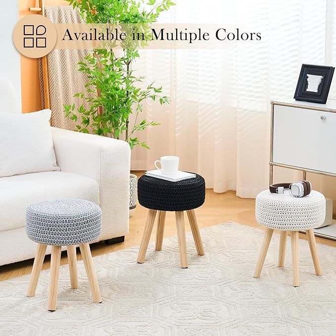 Cotton Knitted Ottoman Round Footstool Vanity Stool Modern Stool Ottoman Footrest Stool with Non-Skid Wood Legs for Living Room Bedroom White
