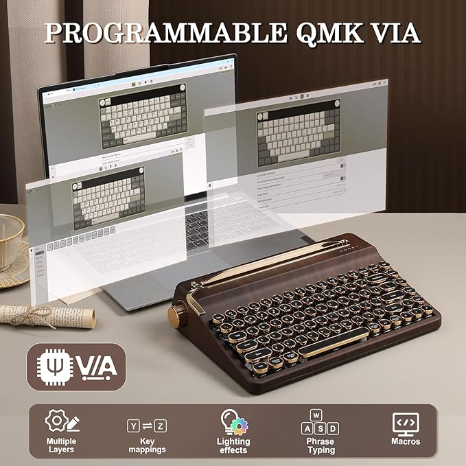 YUNZII QL75 Wireless Typewriter Hot Swap Retro Mechanical Keyboard,Punk Round Keycaps,RGB Backlit QMK/VIA Programmable, Multi-Device Keyboard with 2.4GHz/Type-C/BT5.0 (Wood, Cocoa Cream V2 Switch)