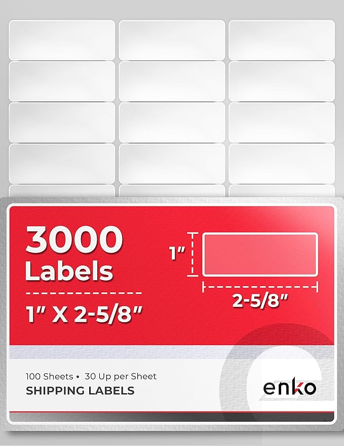 enKo 1 x 2-5/8 Inch 30 Up Return Mailing Address Labels White Printable FBA Labels (100 Sheets, 3000 Labels)
