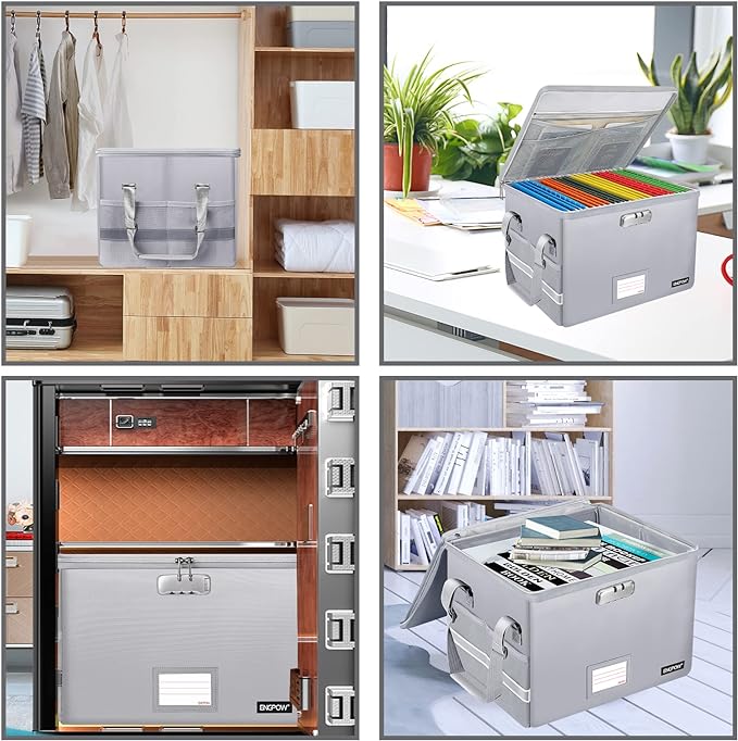 ENGPOW File Box with Lock, Fireproof Document Box with Zipper&Pockets, Collapsible File Organizer Filing Storage Cabinet with Handle, Portable Home Office Safe for Hanging Letter/Legal Folder,Silver