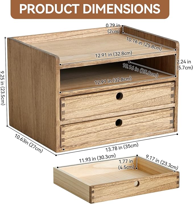 KIRIGEN Desktop Organizer Cabinet With 2 Drawers & Tray - Wood Office Desk Storage Shelf for Office Supplies - Small Cabinet for Countertop Accessories Storage 3 Layer Dark Brown(DT3D2C-DBR)