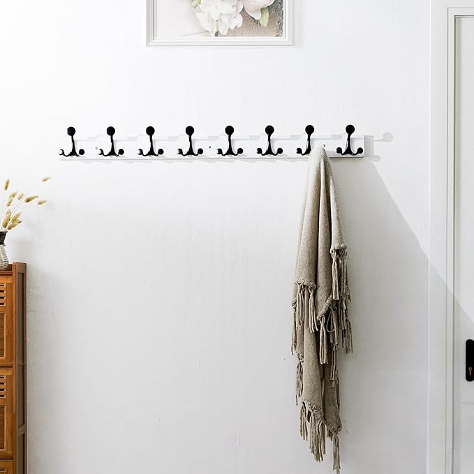SKOLOO 43-Inch White Wood Coat Rack Wall Mount with 8 Triple Hooks - Ideal for Family Entrances, Classrooms, and Pet Supplies Storage - Perfect Coat Hooks for Wall