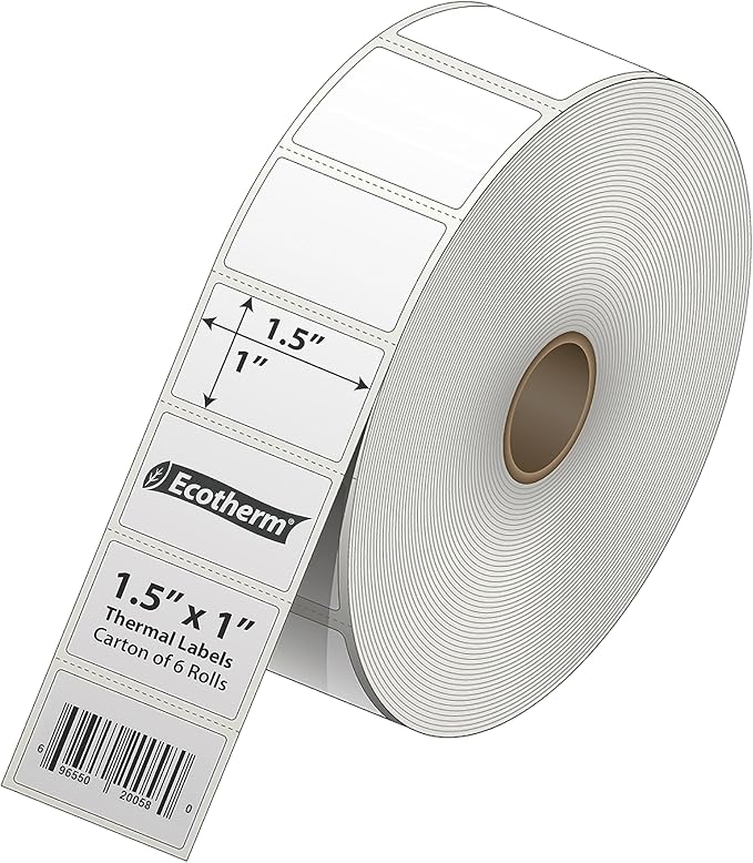 1.5" x 1" Thermal Labels | 6 Rolls | 11400 Labels | fits Zebra, Godex, Arkscan, iDPRT, Offnova Thermal Label Printers and More | Blank White Adhesive Stickers by Ecotherm