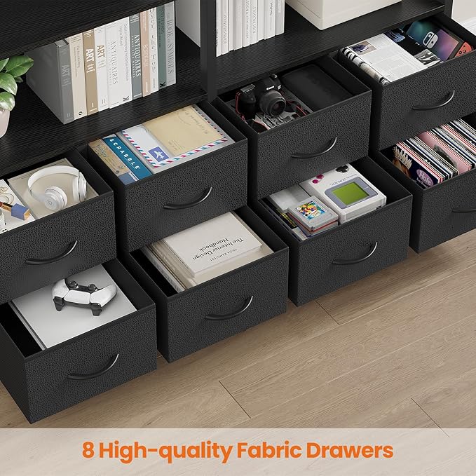 Bookshelf with 8 Fabric Drawers, 7-Tier Bookcase with Baffles Display Shelves, Industrial Large Book Shelf for Living Room Home Office, Black