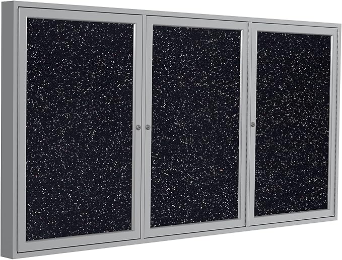 Ghent 36"x72" 3-Door indoor Enclosed Recycled Rubber Bulletin Board, Shatter Resistant, with Lock, Satin Aluminum Frame, Confetti (PA33672TR-CF) ,Made in the USA