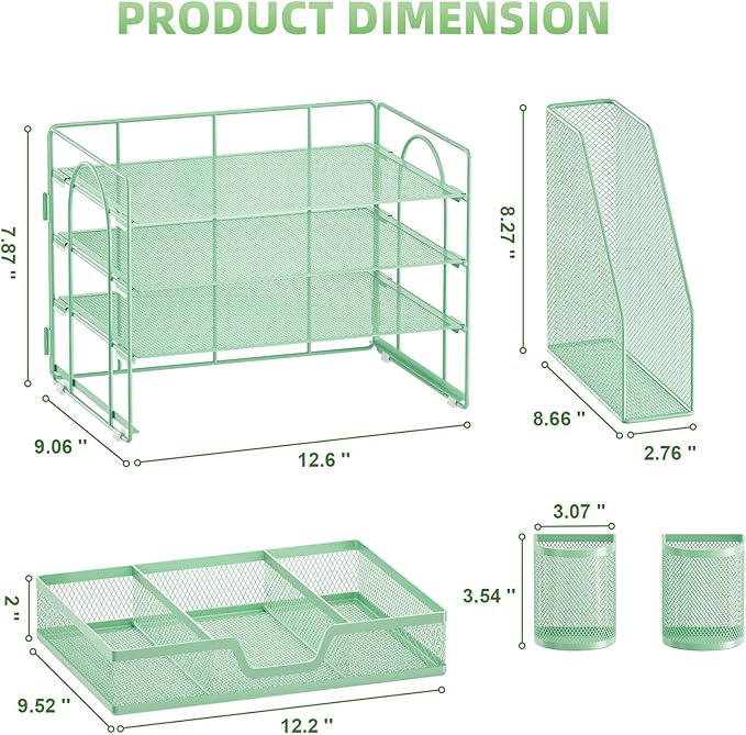 Marbrasse Desk Organizer and Accessories,4-Tier Paper Letter Tray Organizer with File Holder, Desk Accessories & Workspace Organizers with Drawer and 2 Pen Holder (Green, 15.4" x 9.1" x 8.3")