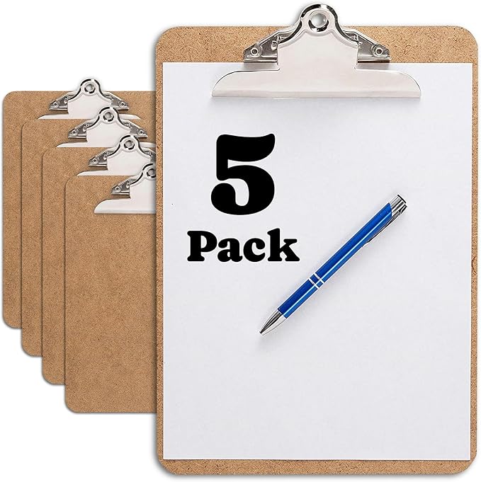 Letter Size Clipboard with Butterfly Clip (Pack of 5) - 9'' x 12.5'' Large Wood Clipboards for Classroom, Clipboards for Kids | Hardboard for Office, College, Teacher & Back to School Supplies