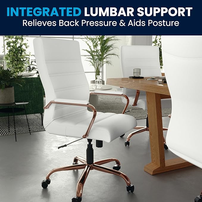 Flash Furniture Whitney High-Back Swivel LeatherSoft Desk Chair with Padded Seat and Armrests, Adjustable Height Padded LeatherSoft Office Chair, White/Rose Gold