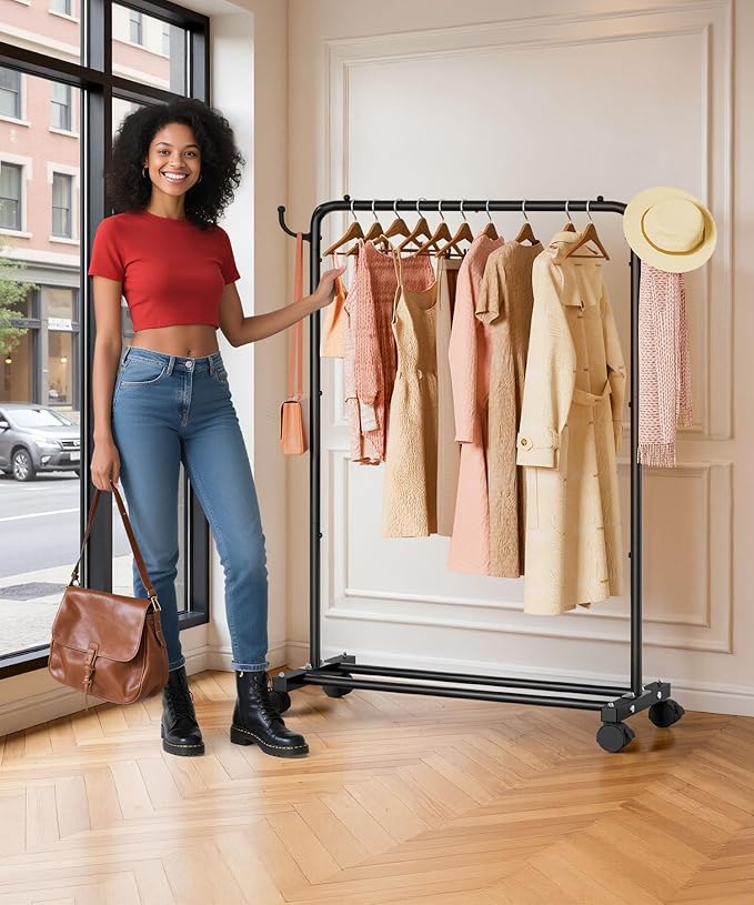 Homde Heavy Duty Clothes Rack: 120lb Standing Garment Storage for Indoor - Rolling Hanging Rod for Bedroom Laundry Room - Coat Dress Organizer on Wheels with luggage shelf (Black,32")