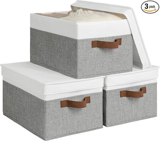 StorageWorks Large Storage Bins with Lids, Decorative Storage Boxes with Lid and PU Handles, Foldable Storage Baskets for Closet, Shelves, Stackable, Grey and White, 3-Pack