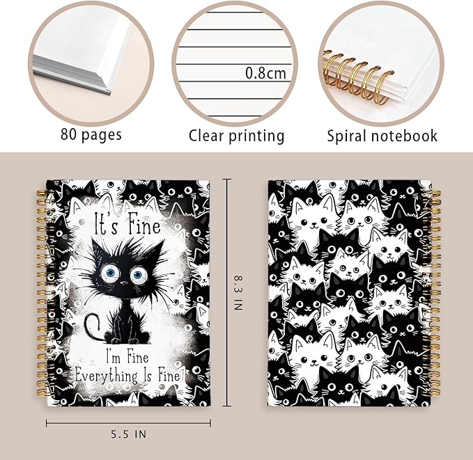 Funny Cat Journal Spiral Notebook for Teen Girls, Cute Notebooks for School Aesthetic, Cat Lover Gifts for Women Men, It's Fine I'm Fine Everything is Fine, cat notepad 5.5x8.3 Inch