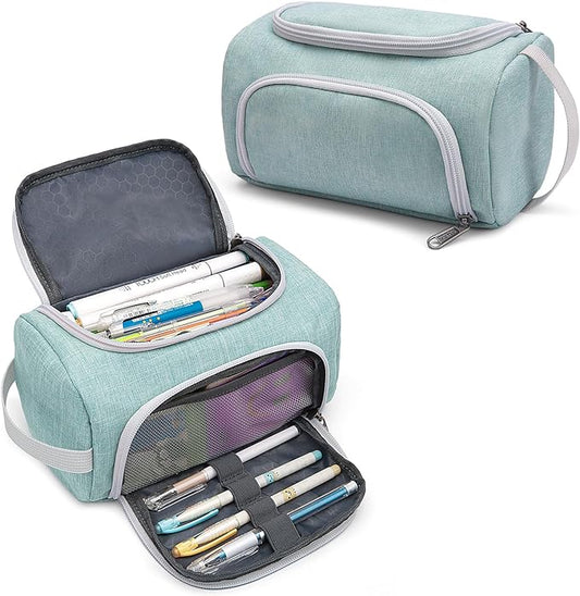 XQXA Extra Large Capacity Pencil Case Organizer, Multifunctional Pencil Pouch with Compartmens, Travel Simple Stationery Bag, Nylon Pencil Bag for Adults (Green)