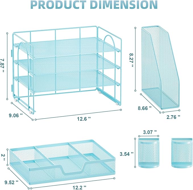 Marbrasse Desk Organizer and Accessories,4-Tier Paper Letter Tray Organizer with File Holder, Desk Accessories & Workspace Organizers with Drawer and 2 Pen Holder (Blue, 15.4" x 9.1" x 8.3")
