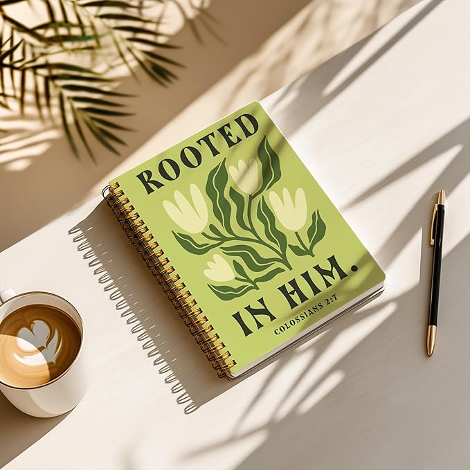 Bible Journal, A5 Spiral Christian Bible Green Flower Notebook, Rooted in Him, Bible Verse Gift for Women Men Birthday Christmas, Sunday School, Office Supplies, Bible Study (Green-flower)