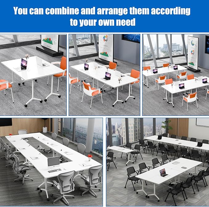 Conference Table, Folding Conference Desk Modern White, Seminar Table with Wheels, 2-10 People for Office, Meeting Break Room (2, 1915, 61IN)
