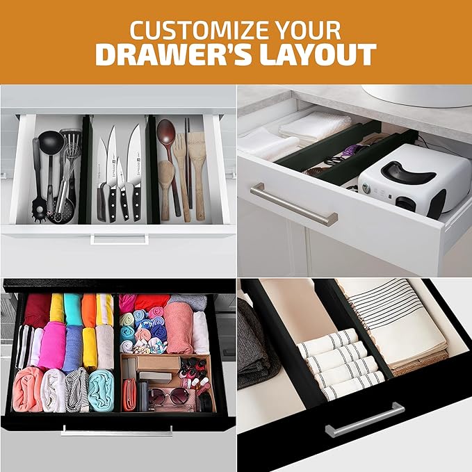 Bambüsi 4 Pack Drawer Divider - Bamboo 2.6" High, 12.5-17" Adjustable Drawer Organizers for Clothes, Expandable Dresser Separators in Bedroom/Bathroom/Kitchen/Office Organization and Storage (Black)