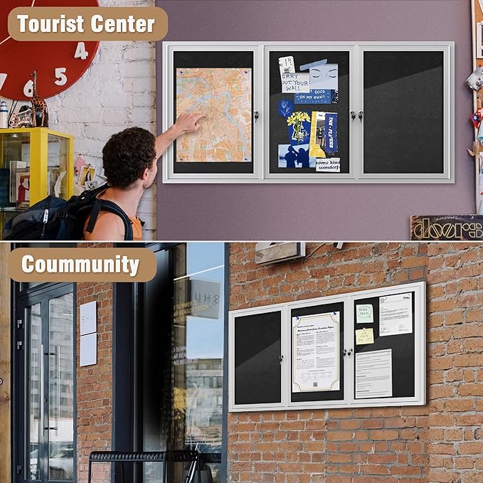 70"x34" Enclosed Bulletin Board, Outdoor Lockable Weather-Resistant Aluminum Cork Noticeboard for School & Office, Silver Frame w/Black Flet