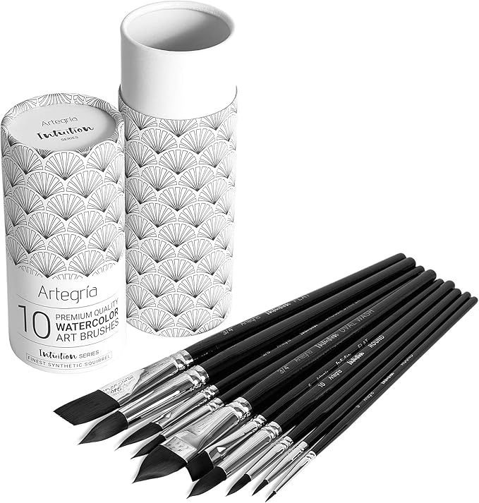 ARTEGRIA Watercolor Brush Set, 10 Professional Soft Synthetic Squirrel Paint Brushes, Including Pointed Rounds, Flats, Dagger, Oval Wash