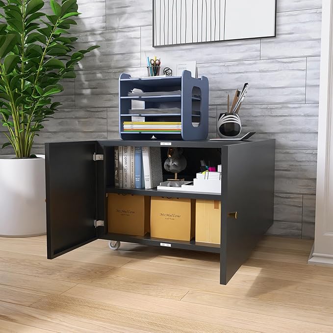 Small Space Printer Stand with Doors, Mini Fridge Stand for Laundry, 3D Printer Stand with Storage, Low Printer Table, Modern Under Desk for Home Office, Small Carts for Scanner, Fax