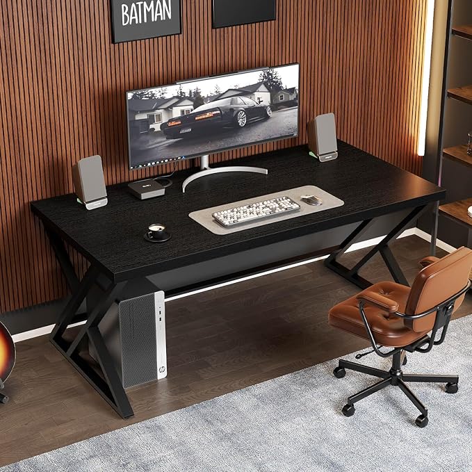 LVB Black Desk, Modern Gaming Writing Computer Desk for Home Office, Metal Wood Study Work PC Computer Table for Bedroom, Industrial Executive Student Workstation Desk, 47 Inch, Black Oak
