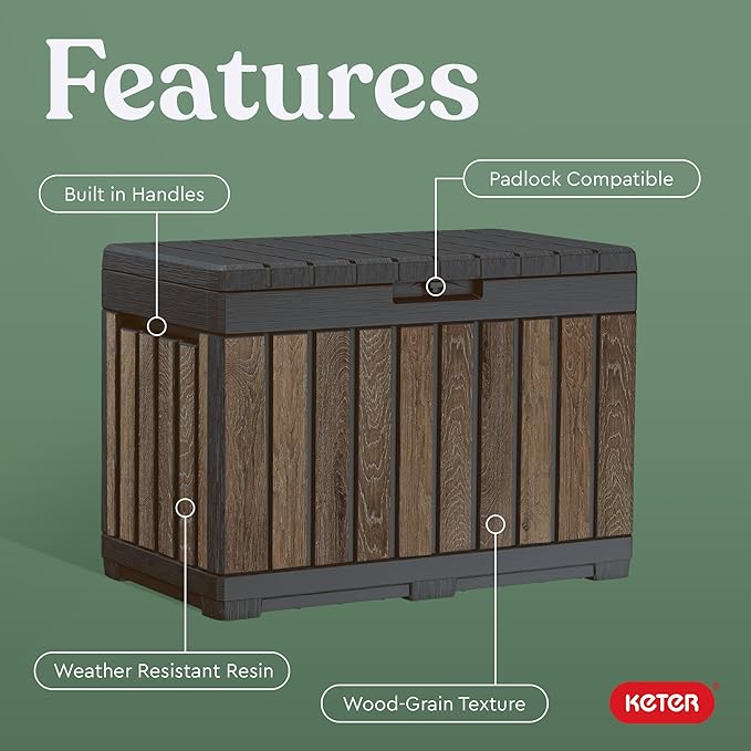 Keter Signature Everwood 50 Gallon Resin Outdoor Storage Box and Patio Furniture Side Table for Pool and Garden Accessories, Walnut