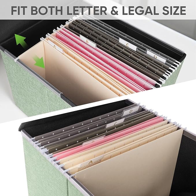 BALEINE File Organizer Box with Lid, Collapsible File Folder Organizer with Plastic Slide, Hanging File Folder Box for Office Document Storage (2 Pack, Green)