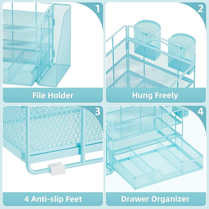 Marbrasse Desk Organizer and Accessories,4-Tier Paper Letter Tray Organizer with File Holder, Desk Accessories & Workspace Organizers with Drawer and 2 Pen Holder (Blue, 15.4" x 9.1" x 8.3")