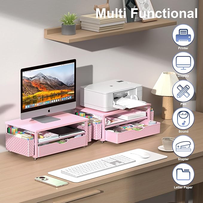 Desk Organizer and Accessories, Computer Monitor Stand Riser with Drawer and 2 Pen Holders, Office Desk Accessories & Workspace Organizers for Office Supplies (Pink)