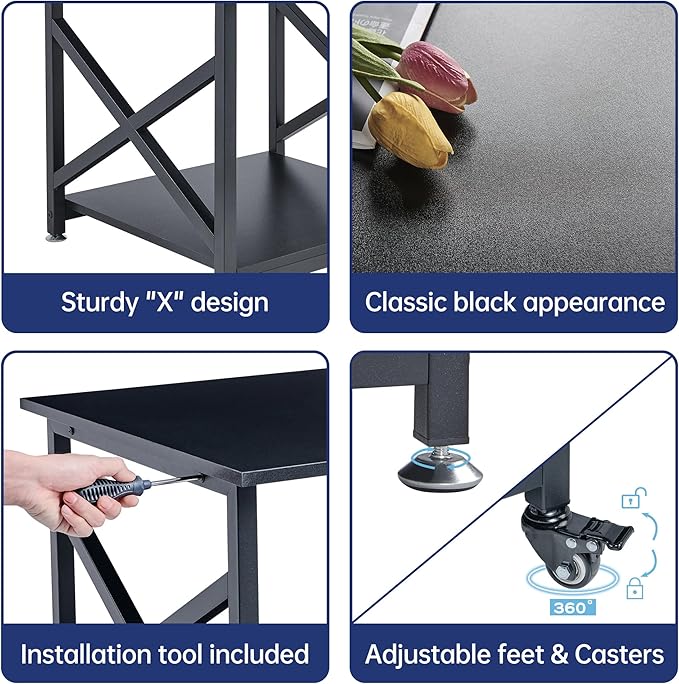 2 Tier Large Printer Stand, 23.6 x 23.6 x 22.6 Inches Square Printer Table with Storage Shelf, Rolling Printer Cart with Industrial Wheels for Home Office, Mini Fridge Stand Table - Black