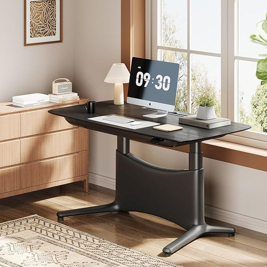 COLAMY Electric Adjustable Standing Desk – 48 x 28 Inch Sit Stand Desk with Drawer & Cable Management, Dual Motor Lift System, Ergonomic Footrest, Home Office Table (Veneer Desktop, Black Oak + Black)