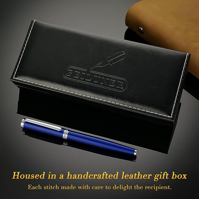 BEILUNER Luxury Fountain Pen Set,Solid 24K Gilded Fine Nib, Modern Classic Limited Edition -Includes 6 Ink Cartridges&Ink Refill Converter with Gift Case-Perfect for Men and Women(Charming blue)