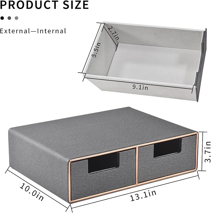 Linen Leather Desk Organizer with Drawers-Mini Desktop Drawer Organizer Stackable-Multifunctional Tabletop Organization Storage Box for Office Supplies Home Vanity Toiletries (Grey, 2-drawers)