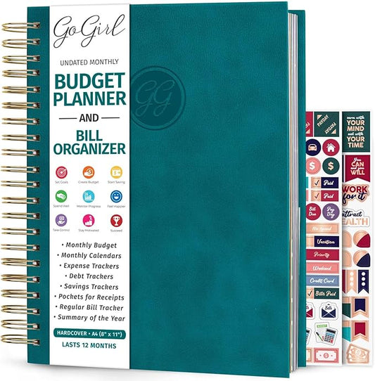 GoGirl Budget Planner & Monthly Bill Organizer – Monthly Financial Book with Pockets. Expense Tracker Notebook Journal, Large (Dark Teal)