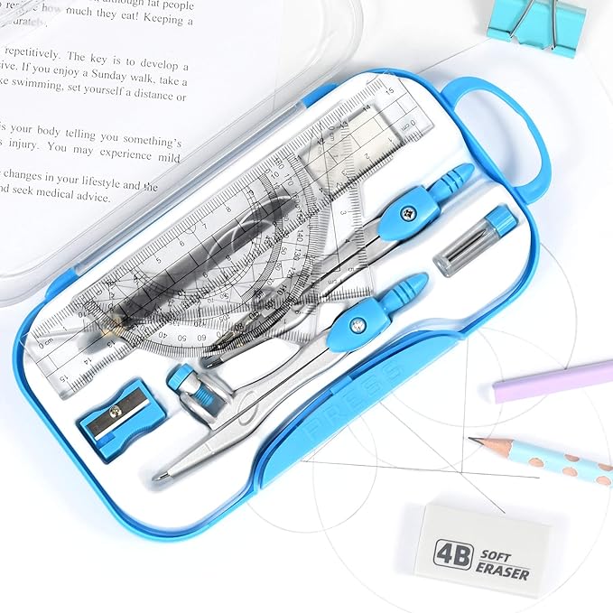 10 Pieces Math Geometry Kit Set Student Supplies with Shatterproof Storage Box,Includes Rulers,Protractor,Compass,Eraser,Pencil Sharpener,Lead Refills,Pencil,for School and Drawings(Blue)