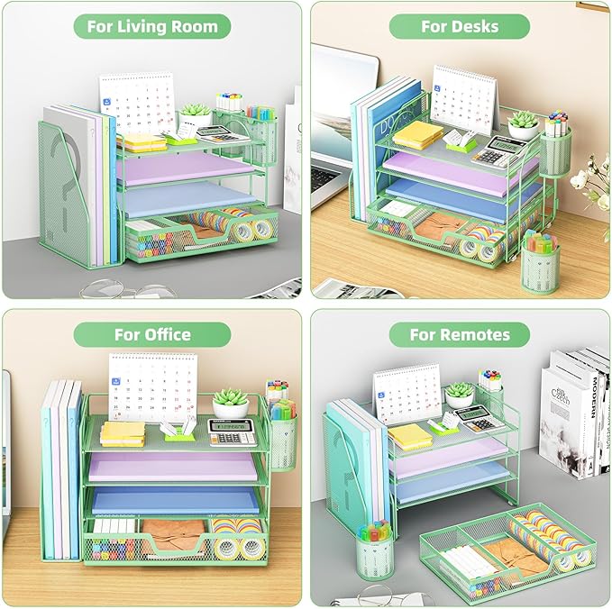 Marbrasse Desk Organizer and Accessories,4-Tier Paper Letter Tray Organizer with File Holder, Desk Accessories & Workspace Organizers with Drawer and 2 Pen Holder (Green, 15.4" x 9.1" x 8.3")